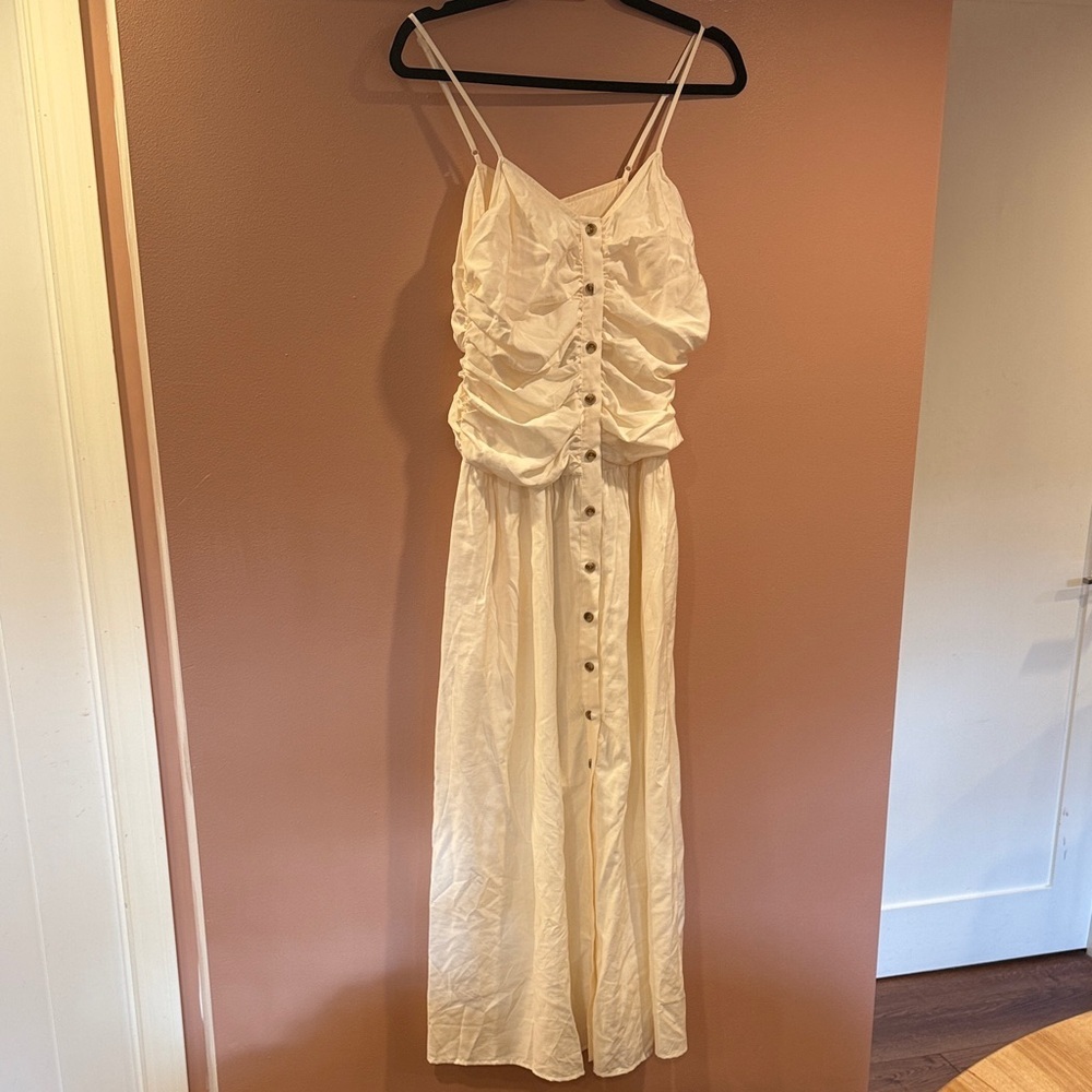 Spaghetti-Strap Cream Maxi Dress with Button-Front and Ruched Bodice - Picture 2 of 10